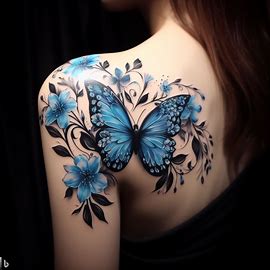 Blue Flower Butterfly Shoulder Tattoo for white skin