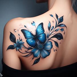 Blue Flower Butterfly Shoulder Tattoo