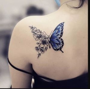 Blue Monarch Butterfly On Rose Tattoo