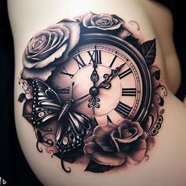 Clock-Rose-And-Butterfly-Tattoo-on-body