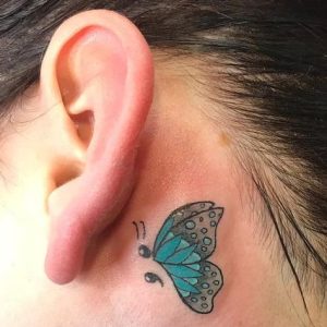 behind the ear semicolon butterfly tattoo Semicolon 