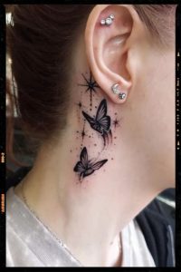 Black Butterfly Tattoo Behind Neck deisgn
