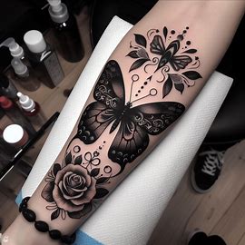 Black Butterfly tattoos ideas for forearm with flower