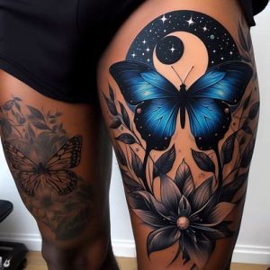 Blue Butterfly Tattoo on thigh
