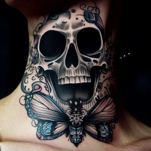 Skull and Butterfly Tattoo Designs On neck