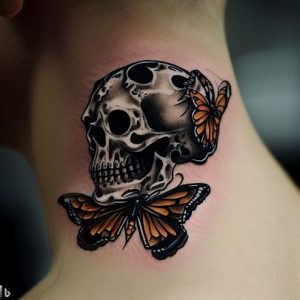 Skull and Butterfly Tattoo Designs On neck for men