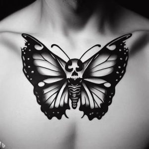 best butterfly skull chest tattoo