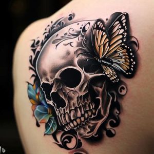 butterfly skull tattoo on white skin