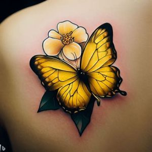 Yellow-butterfly-tattoo-with-flower