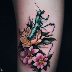 praying mantis tattoo with flowers