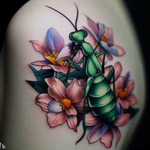 praying-mantis-tattoo-with-flowers-for-boys