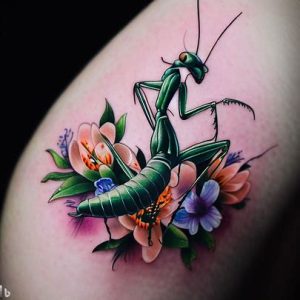 praying-mantis-tattoo-with-flowers-on-girls-body