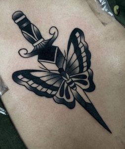 American-Traditional-Moth-Tattoo-and-Dagger-black-color