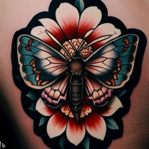 American-Traditional-Moth-Tattoo-with-flower