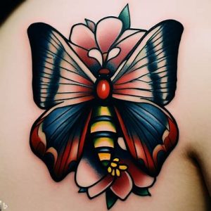 American-Traditional-Moth-Tattoo-with-flowers
