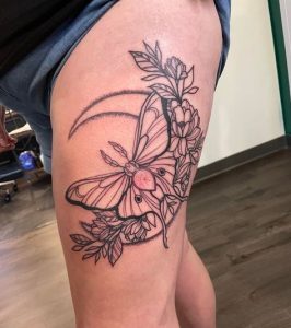 Flower and Luna Moth Tattoo For Leg for girls