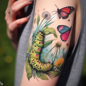 Watercolor Caterpillar tattoo on hand