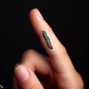 yellow and green caterpillar tattoo on finger