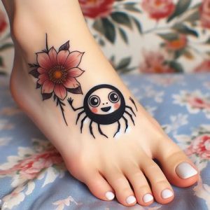 small spider anime tattoo on foot with flower