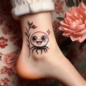 small spider anime tattoo on on white foot skin