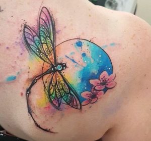 Watercolor dragonfly shoulder tattoo