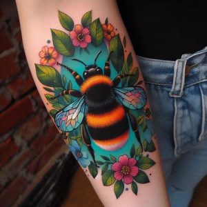 Tattoo-Bumblebee-with-Leaves-design