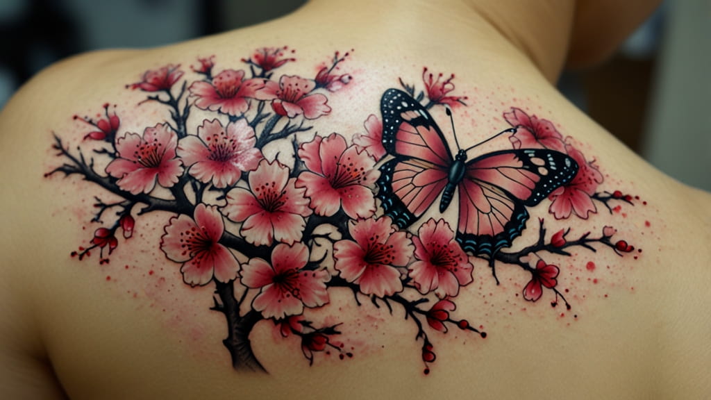 Cherry Blossom and Butterfly Tattoo