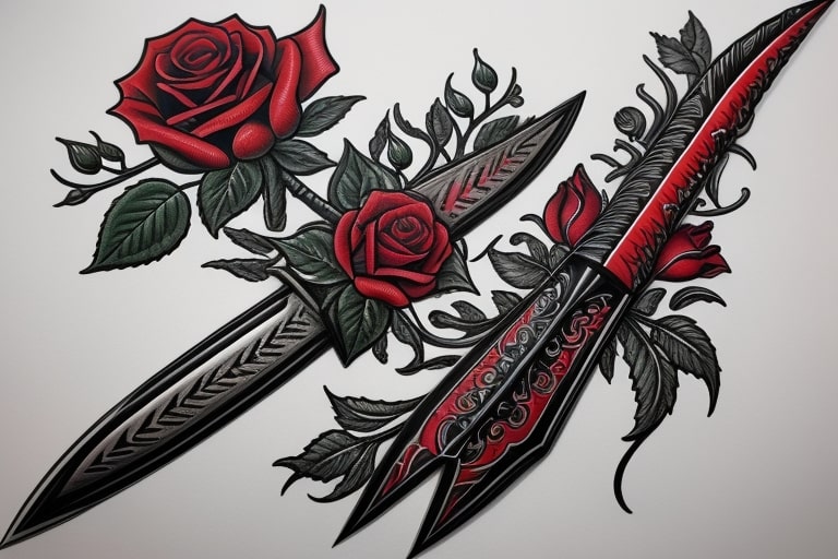Feminine traditional rose and dagger tattoo symbolizing beauty and strength in American traditional tattoo style