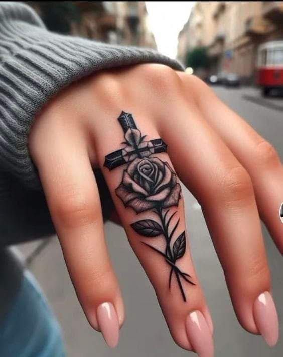 Floral finger tattoo paired with stacked rings