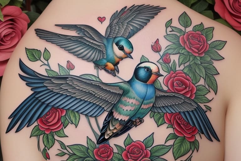 Swallow with floral tattoo in feminine traditional style representing growth, beauty, and movement