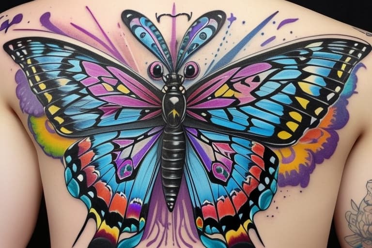 Traditional butterfly and stars tattoo representing transformation and freedom in bold feminine classic tattoo style