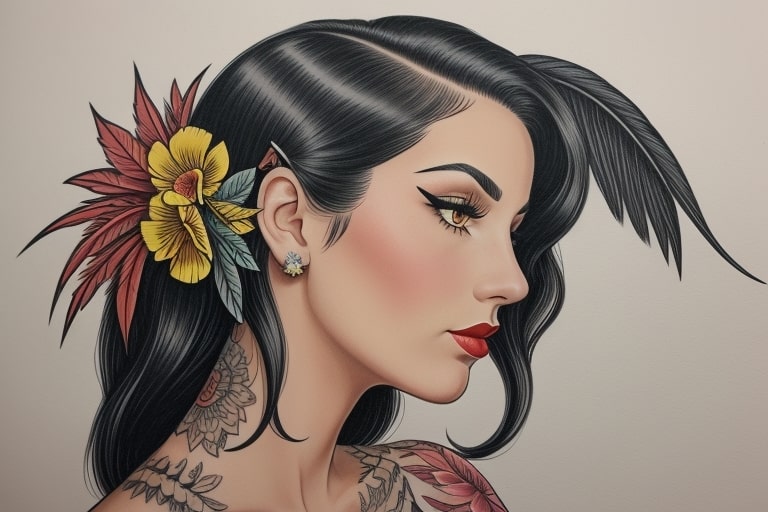 Vintage lady head portrait tattoo in American traditional style with flower hairpiece and bold feminine features