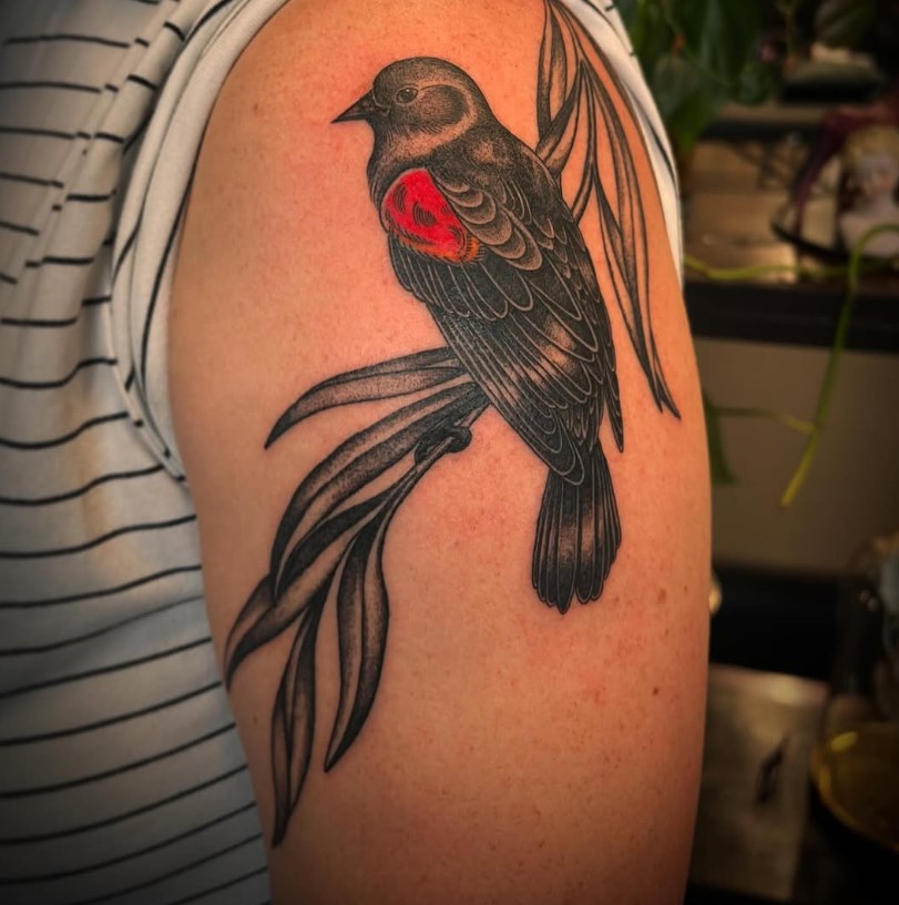 Blackbird with Flowing Leaf Accents