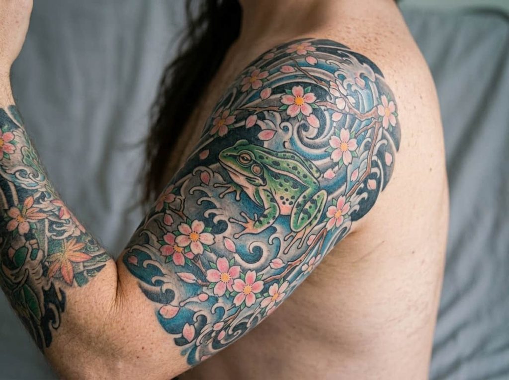 Japanese Frog and Cherry Blossom Tattoo