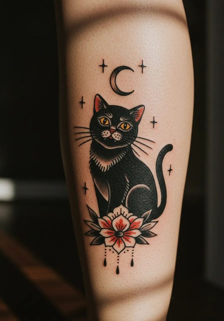 Black Cat Halloween Tattoo
