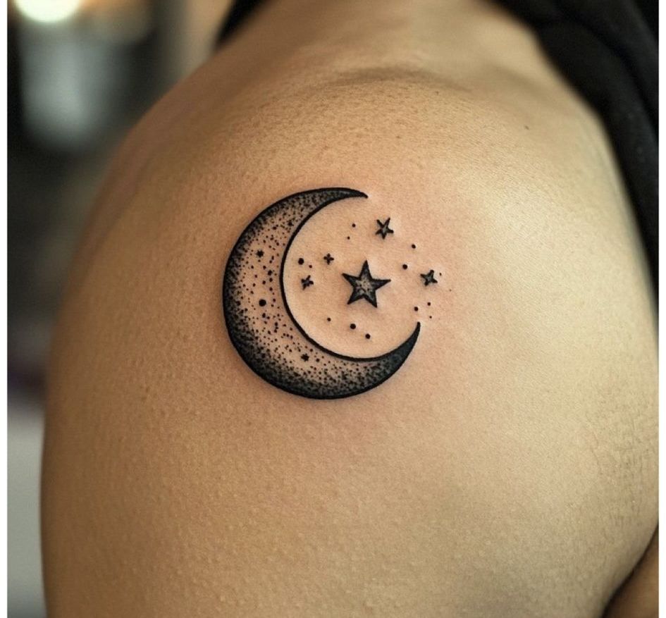 Crescent Moon and Stars Tattoo