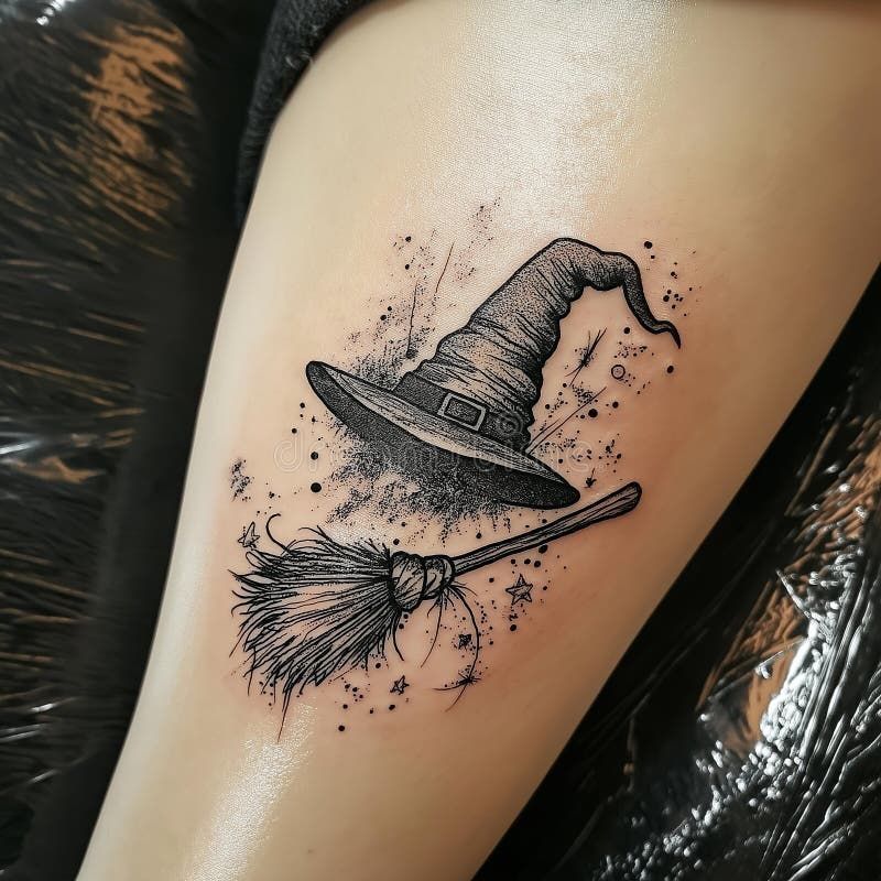 Witch Hat and Broom Tattoo